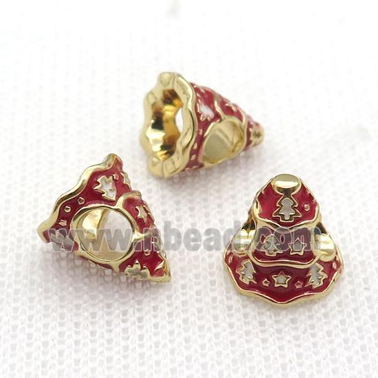 copper Christmas Tree beads with red enamel, large hole, gold plated