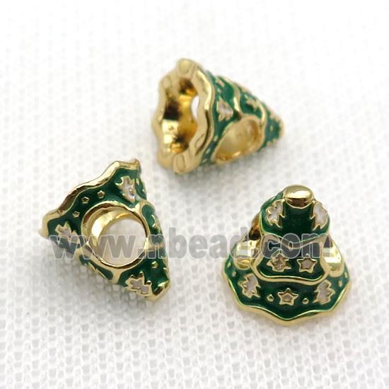 copper Christmas Tree beads with green enamel, large hole, gold plated