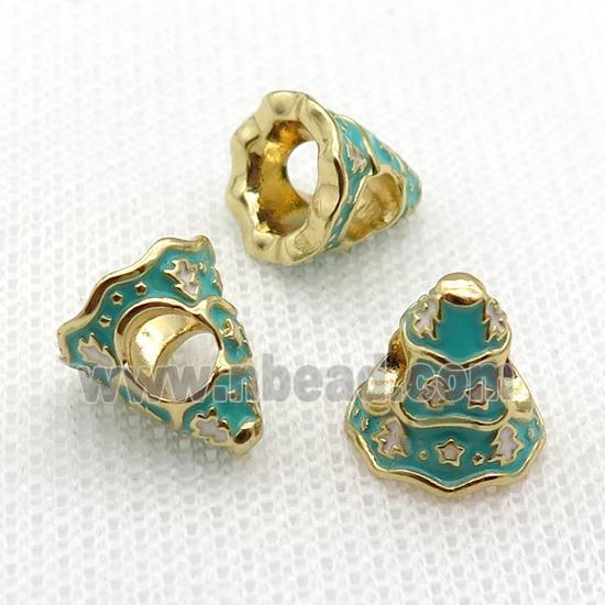 copper Christmas Tree beads with teal enamel, large hole, gold plated