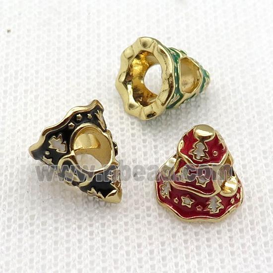 copper Christmas Tree beads with enamel, large hole, gold plated, mixed