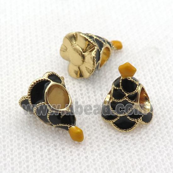 copper Christmas Tree beads with black enamel, large hole, gold plated