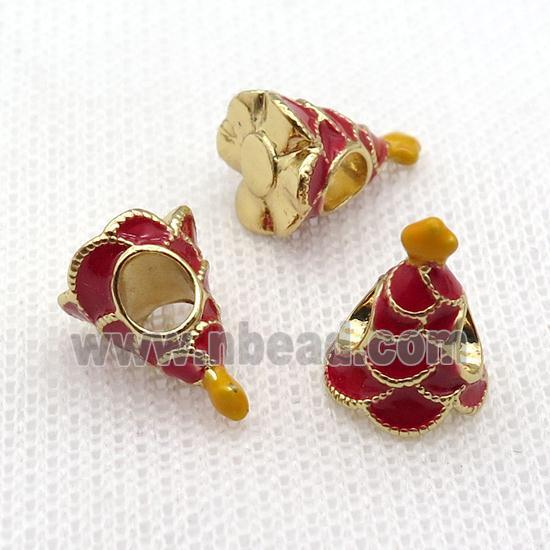 copper Christmas Tree beads with red enamel, large hole, gold plated