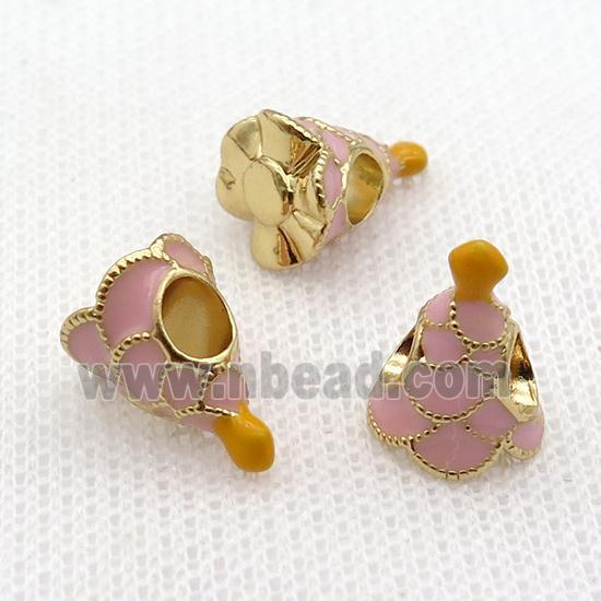 copper Christmas Tree beads with pink enamel, large hole, gold plated