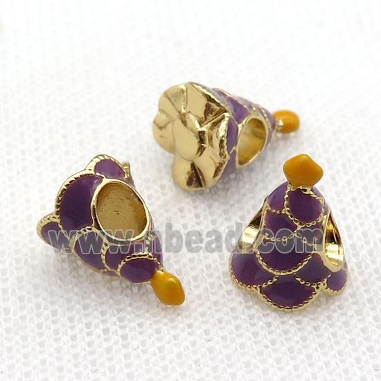 copper Christmas Tree beads with purple enamel, large hole, gold plated