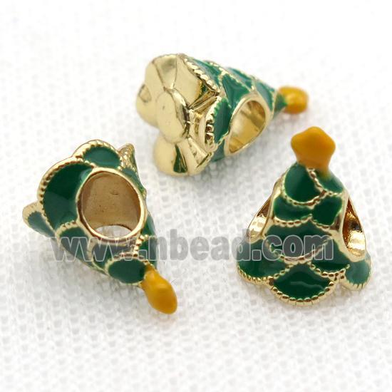 copper Christmas Tree beads with green enamel, large hole, gold plated