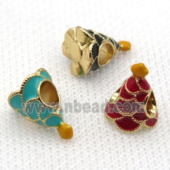 copper Christmas Tree beads with enamel, large hole, gold plated, mixed