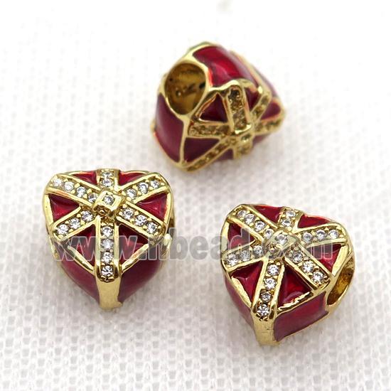 copper Christmas Heart Gift beads with red enamel, large hole, gold plated