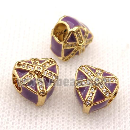 copper Christmas Heart Gift beads with purple enamel, large hole, gold plated