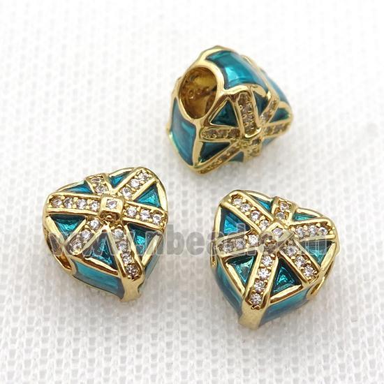 copper Christmas Heart Gift beads with teal enamel, large hole, gold plated