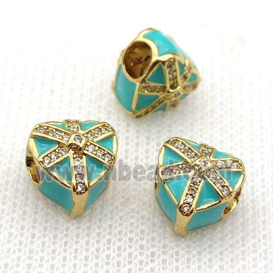 copper Christmas Heart Gift beads with teal enamel, large hole, gold plated
