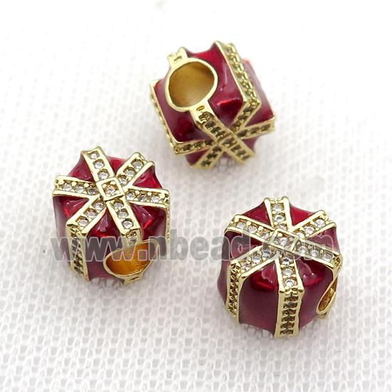 copper Christmas Candy Gift Box beads with red enamel, large hole, gold plated