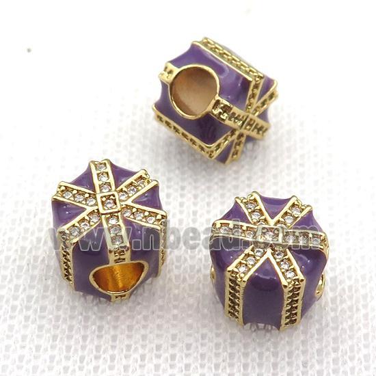 copper Christmas Candy Gift Box beads with purple enamel, large hole, gold plated