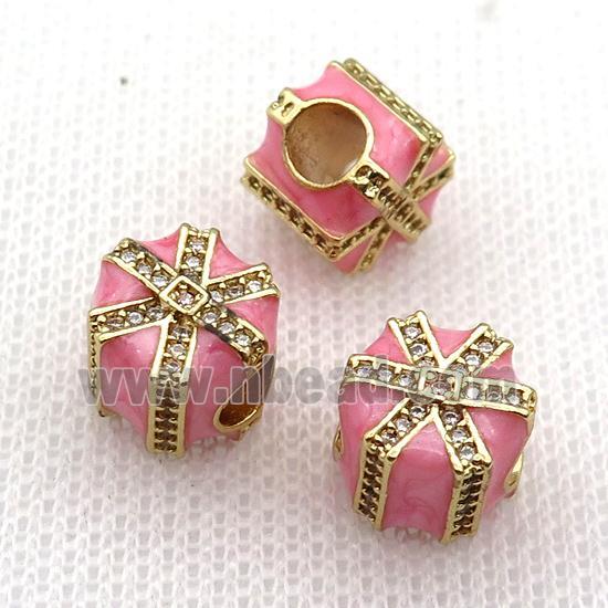 copper Christmas Candy Gift Box beads with pink enamel, large hole, gold plated