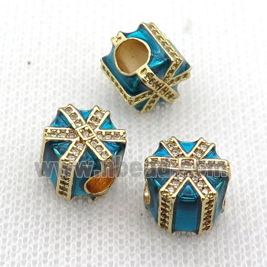 copper Christmas Candy Gift Box beads with teal enamel, large hole, gold plated