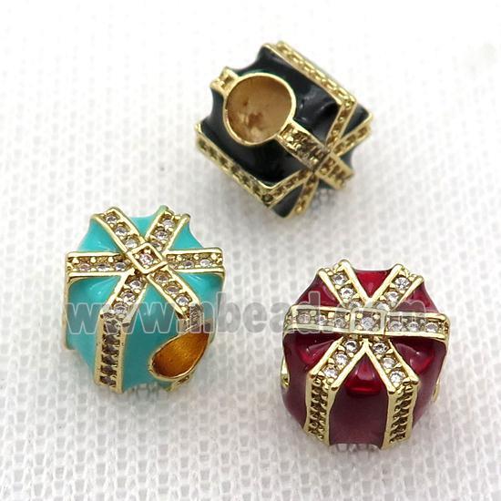 copper Christmas Candy Gift Box beads with enamel, large hole, gold plated, mixed