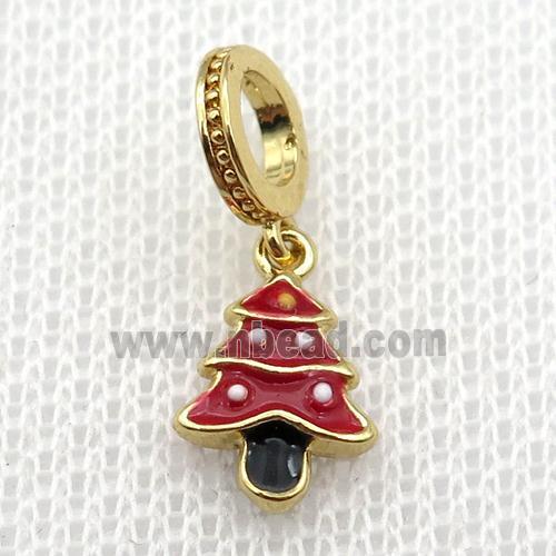 copper Christmas Tree pendant with red enamel, large hole, gold plated