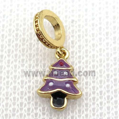 copper Christmas Tree pendant with purple enamel, large hole, gold plated