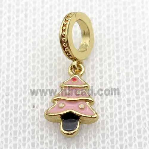 copper Christmas Tree pendant with pink enamel, large hole, gold plated