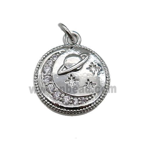 copper Circle pendant paved zircon, moon, platinum plated