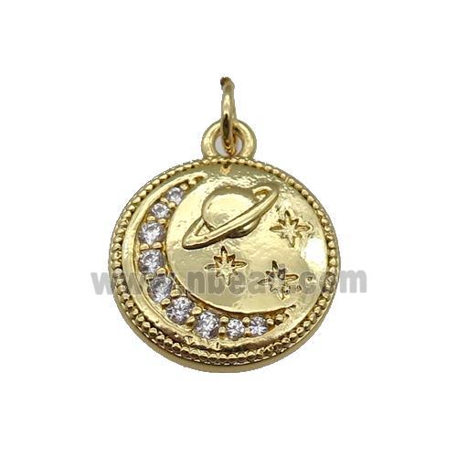copper Circle pendant paved zircon, moon, gold plated