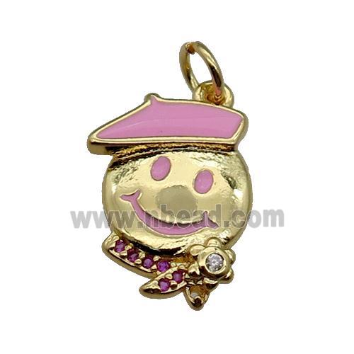 copper Emoji pendant with pink enamel, gold plated