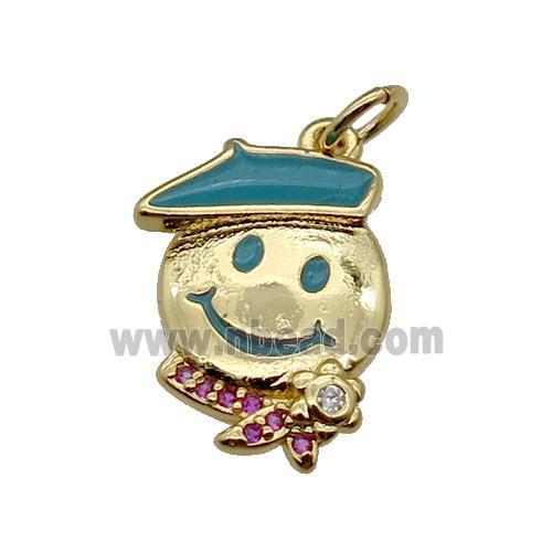 copper Emoji pendant with teal enamel, gold plated