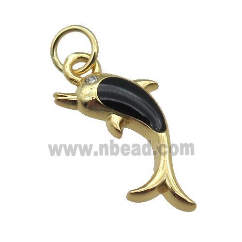 copper Dolphin pendant with black enamel, gold plated