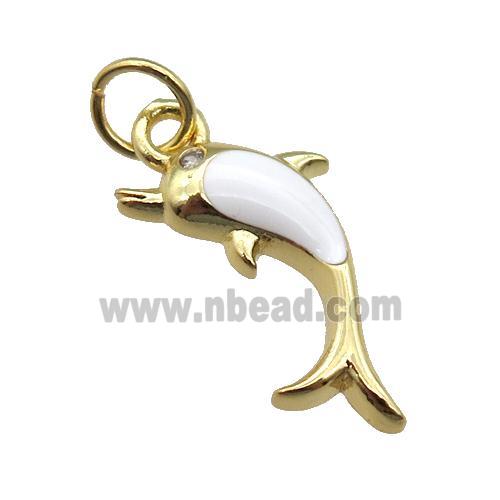copper Dolphin pendant with white enamel, gold plated