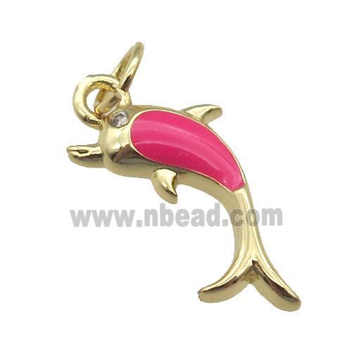 copper Dolphin pendant with hotpink enamel, gold plated
