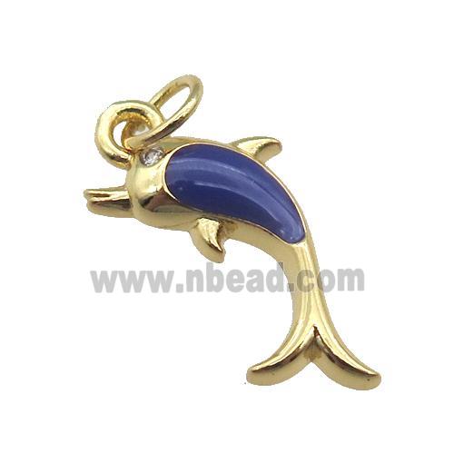 copper Dolphin pendant with navyblue enamel, gold plated