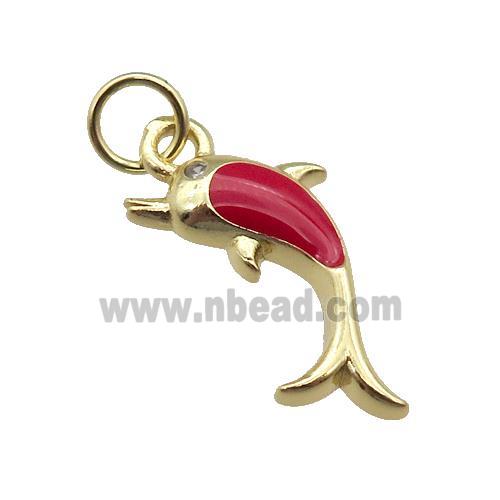 copper Dolphin pendant with red enamel, gold plated
