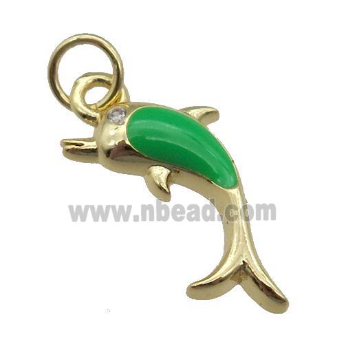 copper Dolphin pendant with green enamel, gold plated