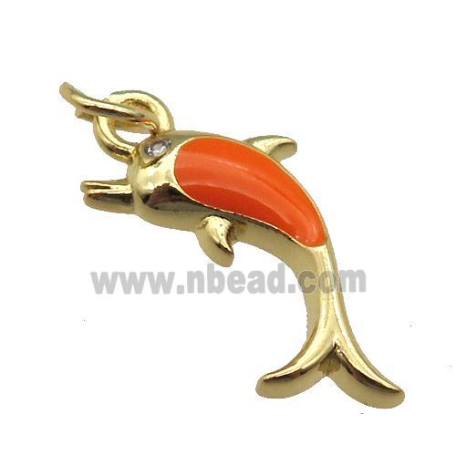 copper Dolphin pendant with orange enamel, gold plated