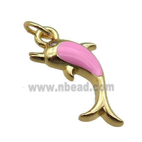 copper Dolphin pendant with pink enamel, gold plated