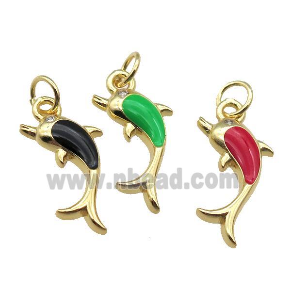 copper Dolphin pendant with enamel, gold plated, mixed