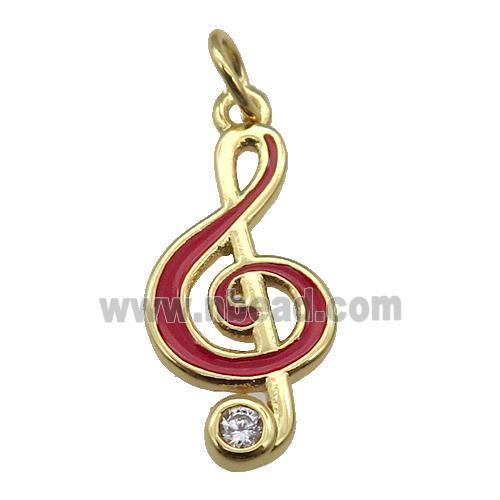 copper Treble Clef Musical Note pendant with red enamel, gold plated