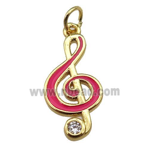 copper Treble Clef Musical Note pendant with hotpink enamel, gold plated
