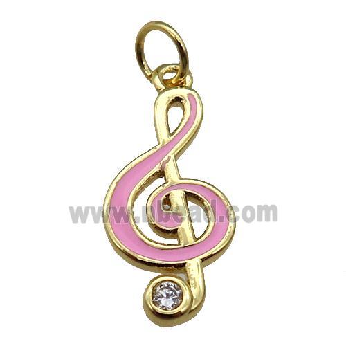 copper Treble Clef Musical Note pendant with pink enamel, gold plated