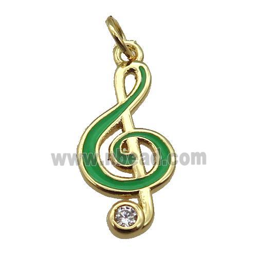 copper Treble Clef Musical Note pendant with green enamel, gold plated