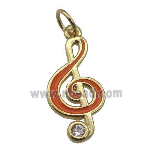 copper Treble Clef Musical Note pendant with orange enamel, gold plated