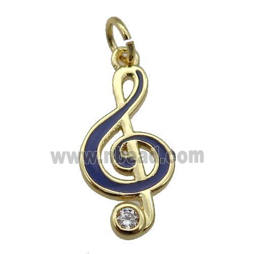 copper Treble Clef Musical Note pendant with navyblue enamel, gold plated