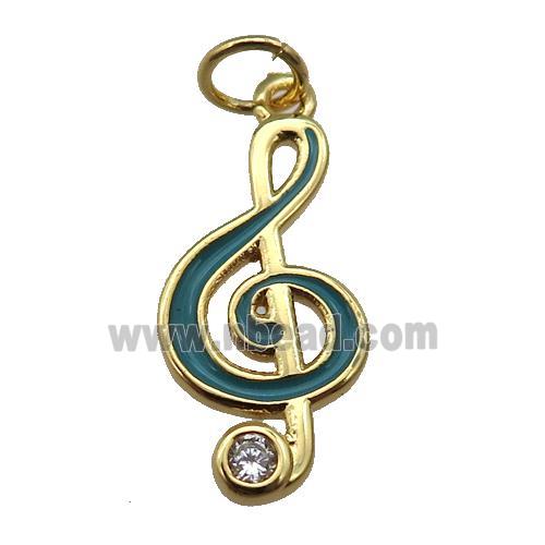 copper Treble Clef Musical Note pendant with teal enamel, gold plated