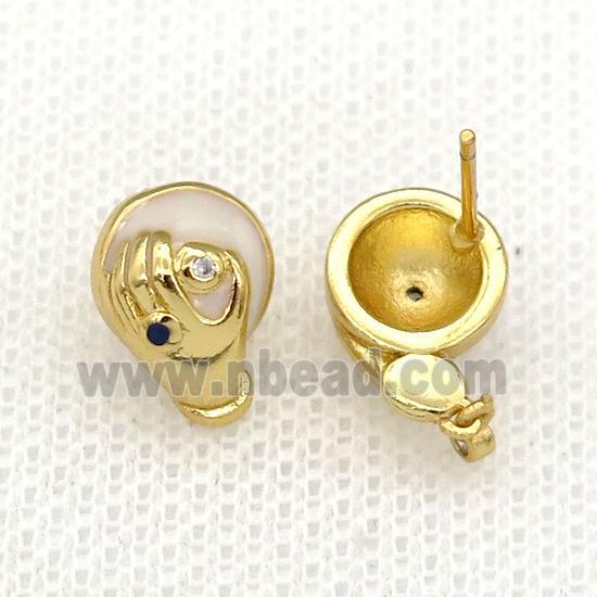 copper hand Stud Earring with white enamel, gold plated
