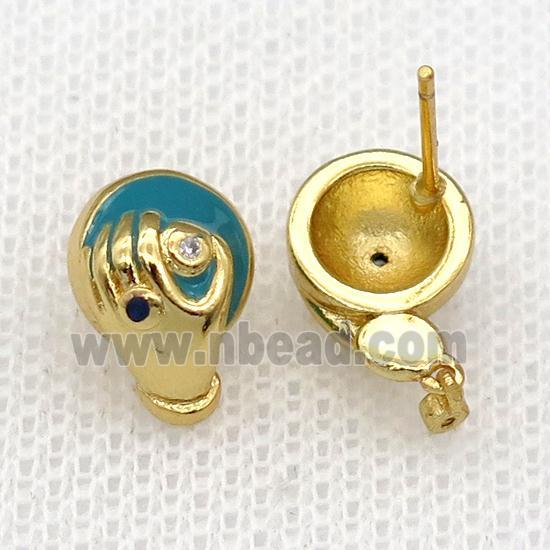 copper hand Stud Earring with teal enamel, gold plated