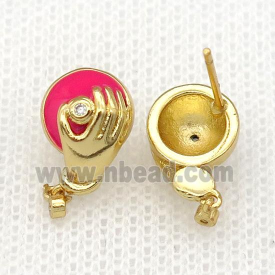 copper hand Stud Earring with hotpink enamel, gold plated