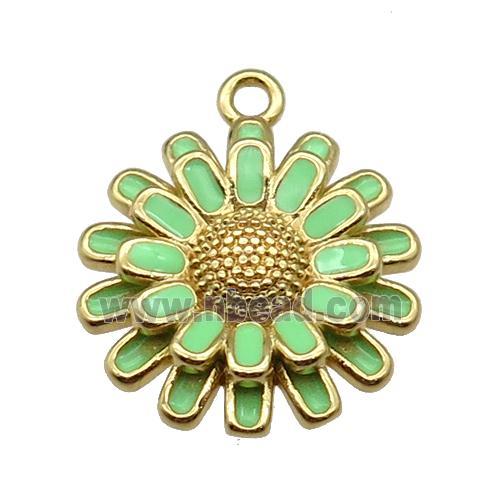 copper Sunflower pendant with green enamel, gold plated