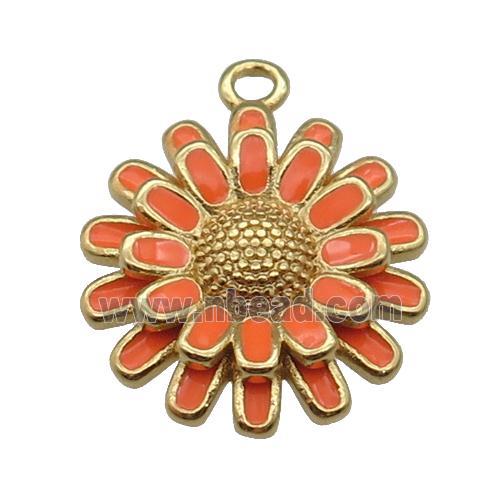copper Sunflower pendant with orange enamel, gold plated