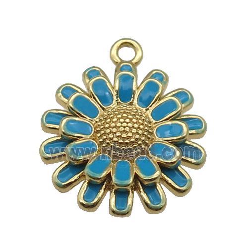 copper Sunflower pendant with blue enamel, gold plated
