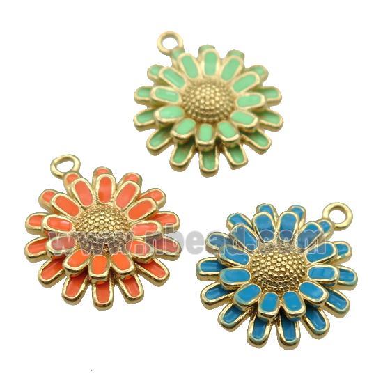 copper Sunflower pendant with enamel, gold plated, mixed