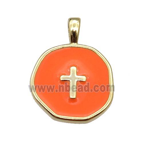 copper Circle pendant with orange enamel, cross, gold plated